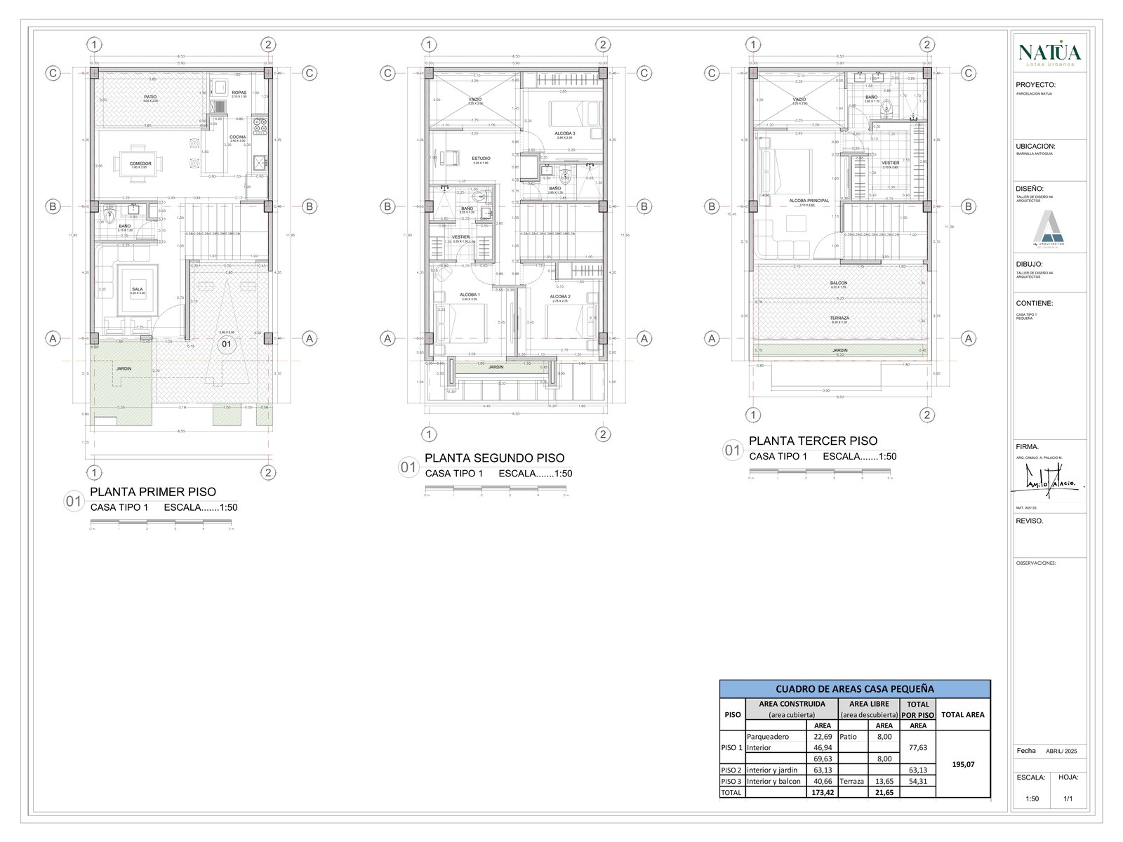 Plano arquitectónico real de Casa Tipo 1: plantas primer, segundo y tercer piso, con cuadro de áreas.